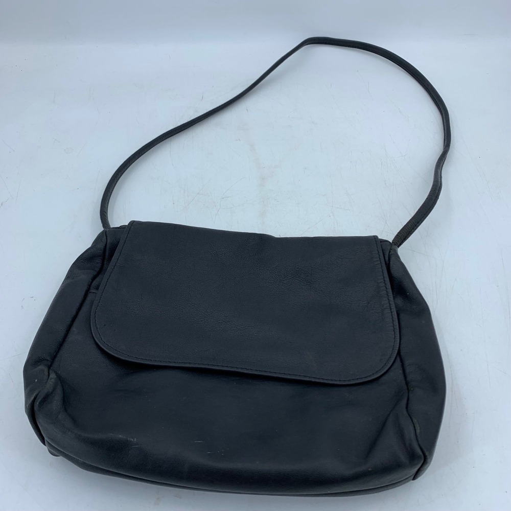 Vtg Goth Grunge Black Leather Crossbody Flap Shoulder Bag USA Minimalist 90s Y2K